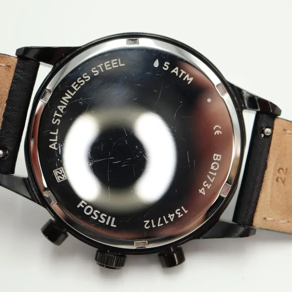 Fossil Neutra Black Stealth 43mm Chronograph Watch Leather BQ1734 w New Battery
